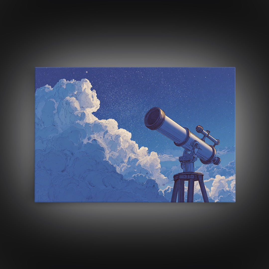 Blue Cloud Telescope Framed Canvas Print, Dreamy Night Sky Illustration, Astronomy Wall Decor For Modern Bedroom And Office Art