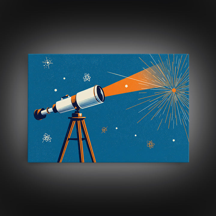 Mid Century Telescope Beam Wall Art, Atomic Space Illustration, Blue Orange Retro Poster For Modern Science Room Home Decor