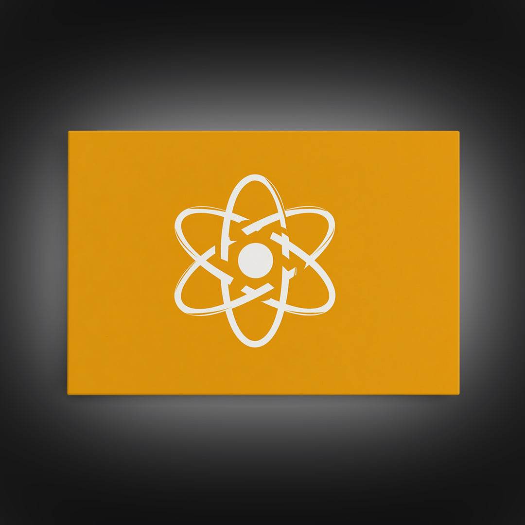 White Atom Symbol Canvas Print, Minimal Orange Science Poster, Mid Century Modern Wall Art For Office And Classroom Decor