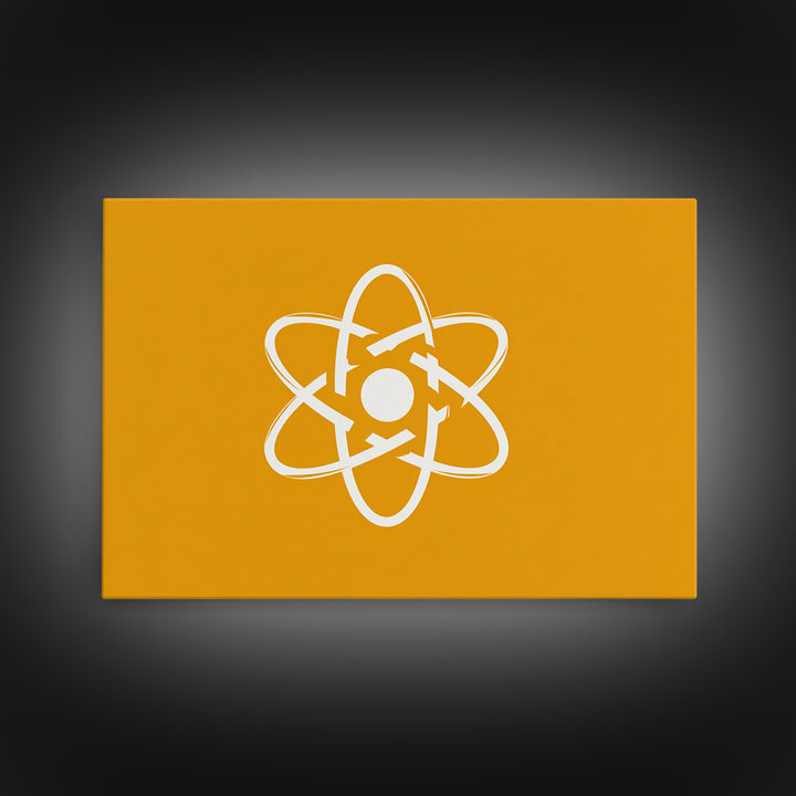 White Atom Symbol Canvas Print, Minimal Orange Science Poster, Mid Century Modern Wall Art For Office And Classroom Decor
