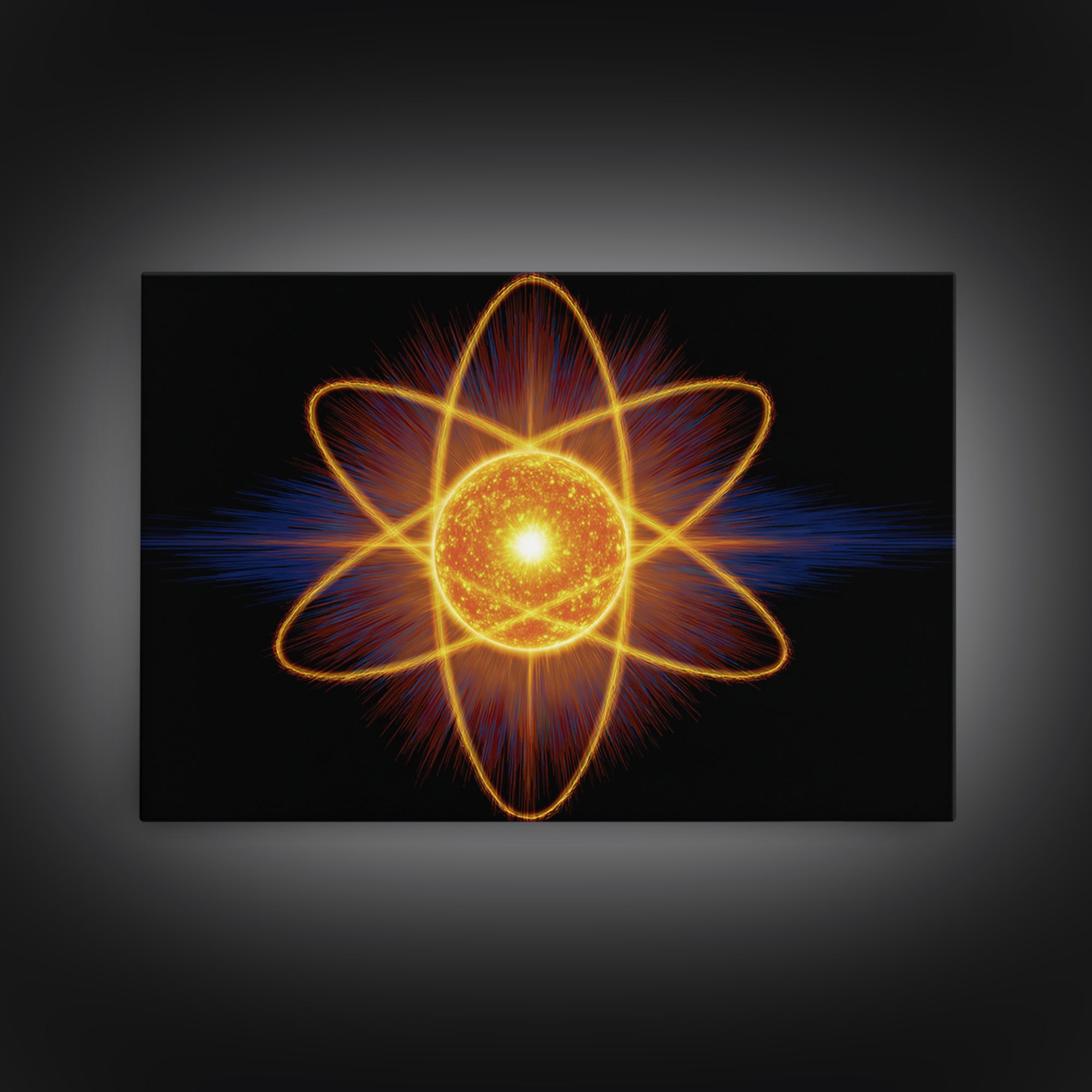 Glowing Atom Energy Wall Art, Black Space Science Print, Atomic Mid Century Modern Poster For Office And Man Cave Home Decor