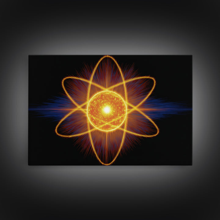 Glowing Atom Energy Wall Art, Black Space Science Print, Atomic Mid Century Modern Poster For Office And Man Cave Home Decor
