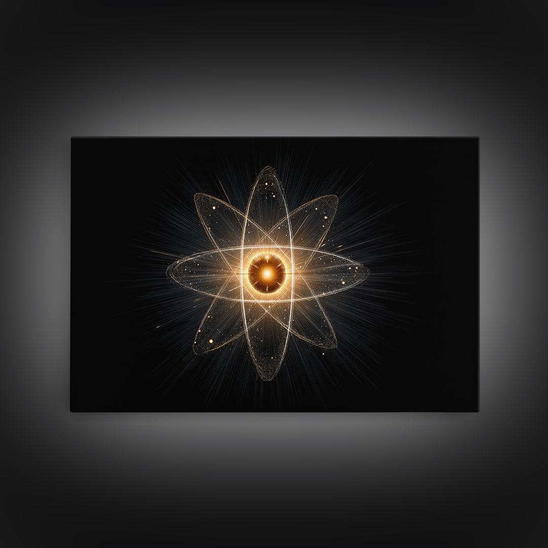 Glowing Atomic Starburst Orbit Wall Art, Midcentury Modern Science Poster, Black Gold Abstract Art Print, Retro Space Decor