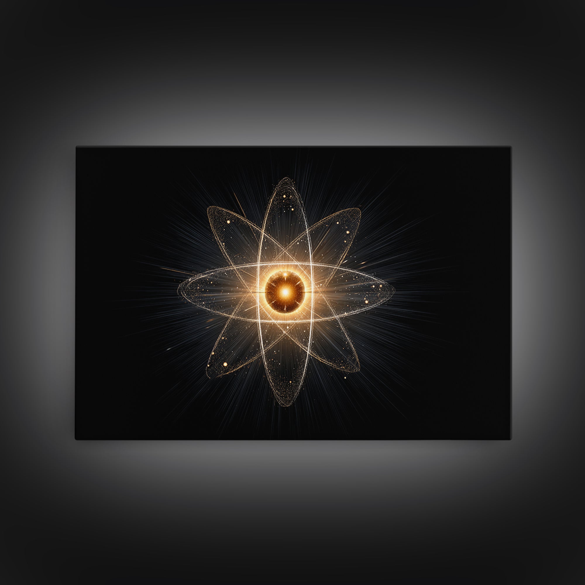 Glowing Atomic Starburst Orbit Wall Art, Midcentury Modern Science Poster, Black Gold Abstract Art Print, Retro Space Decor
