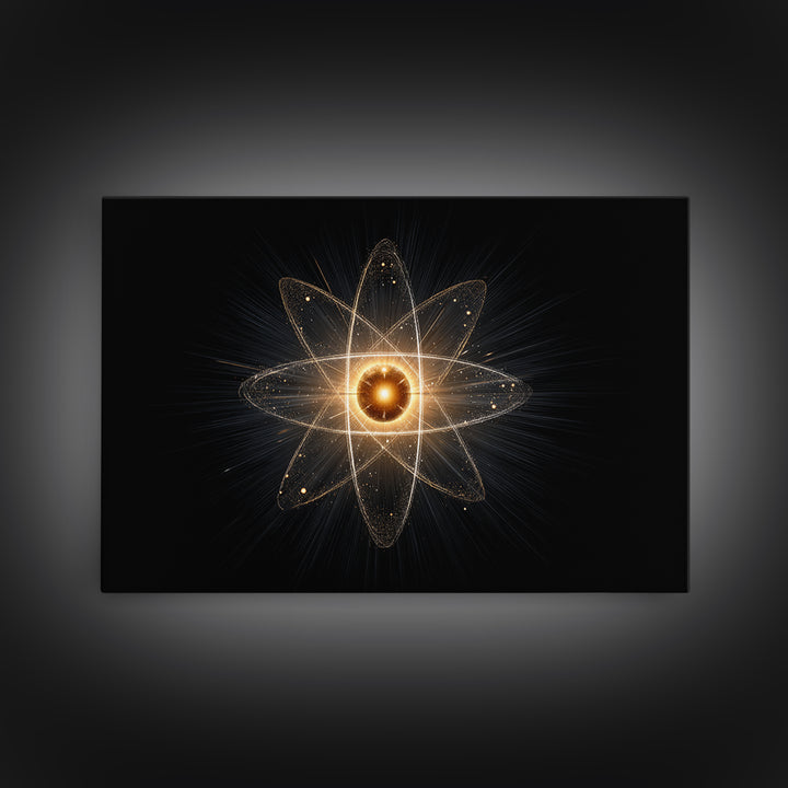 Glowing Atomic Starburst Orbit Wall Art, Midcentury Modern Science Poster, Black Gold Abstract Art Print, Retro Space Decor
