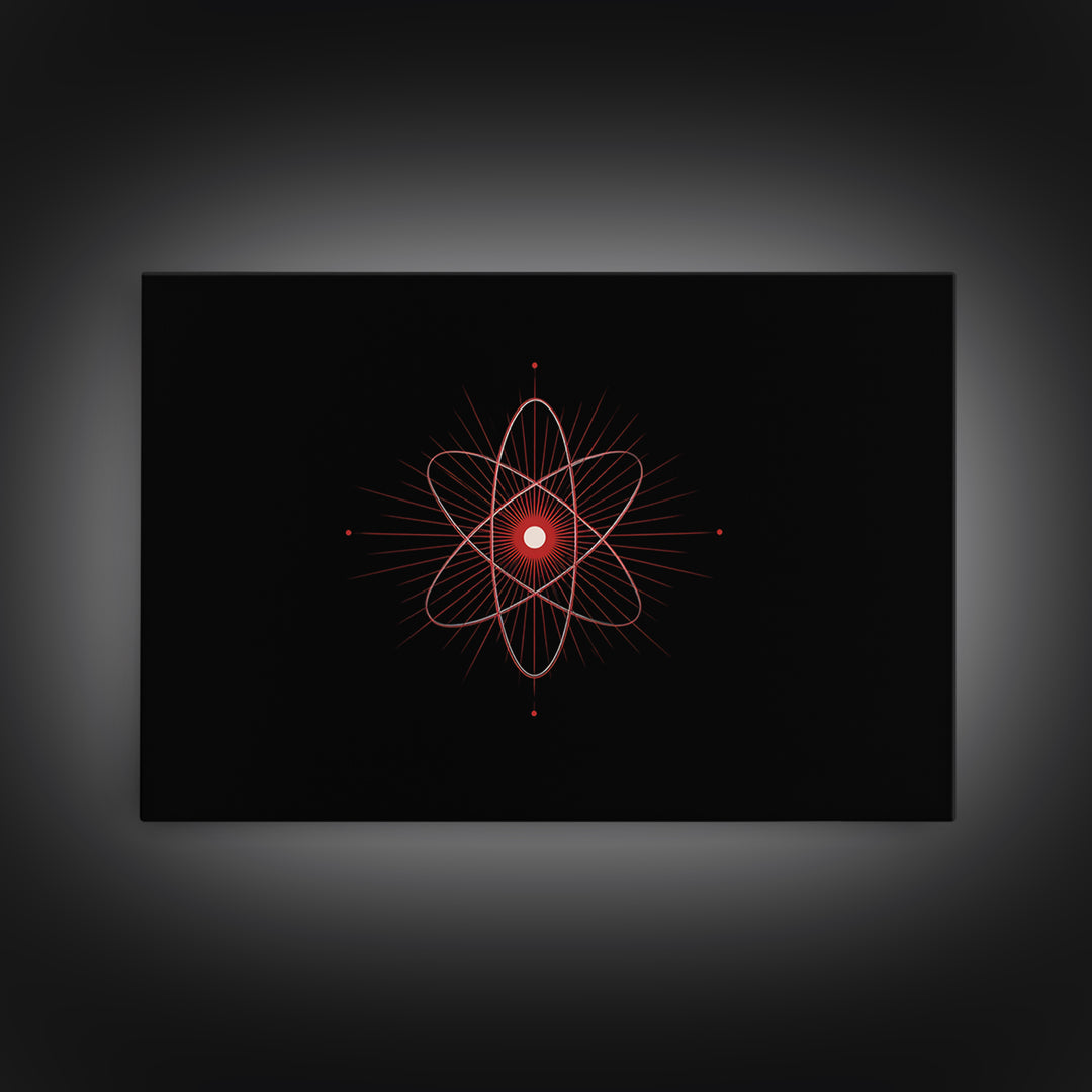 Red Atomic Orbit Canvas Print, Minimal Midcentury Science Poster, Black Space Wall Decor, Geometric Modern Abstract Art Print