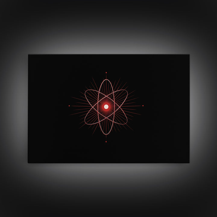 Red Atomic Orbit Canvas Print, Minimal Midcentury Science Poster, Black Space Wall Decor, Geometric Modern Abstract Art Print