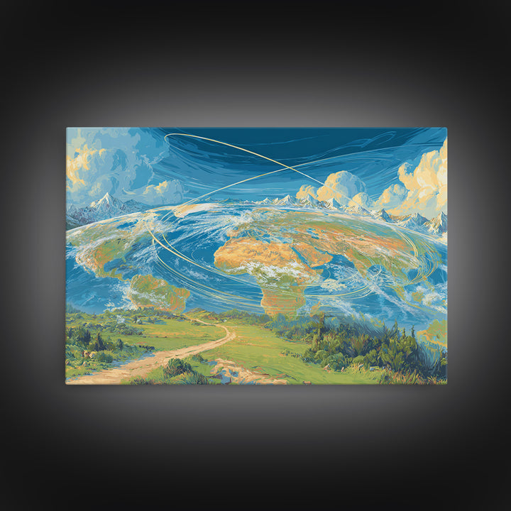 Painterly Earth Orbit Wall Art, Scenic World Landscape Poster, Blue Sky Modern Art Print, Travel Inspired Home Office Decor