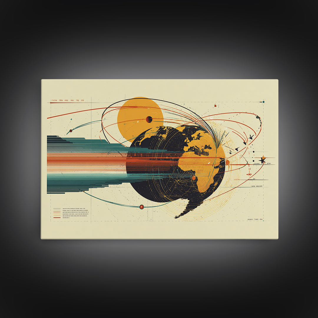 Retro Globe Orbit Wall Art, Midcentury Modern Map Poster, Orange Sun Abstract Geometric Print, Stylish MCM Home Office Decor