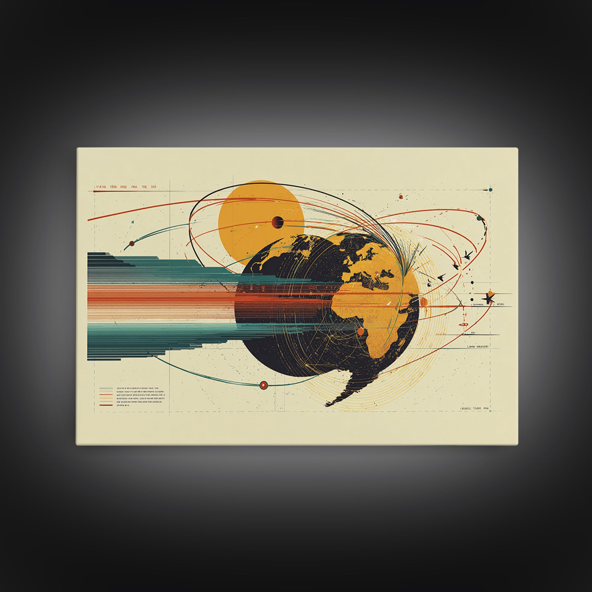 Retro Globe Orbit Wall Art, Midcentury Modern Map Poster, Orange Sun Abstract Geometric Print, Stylish MCM Home Office Decor