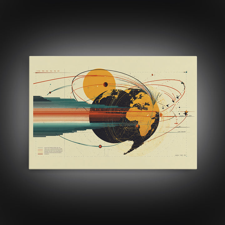 Retro Globe Orbit Wall Art, Midcentury Modern Map Poster, Orange Sun Abstract Geometric Print, Stylish MCM Home Office Decor