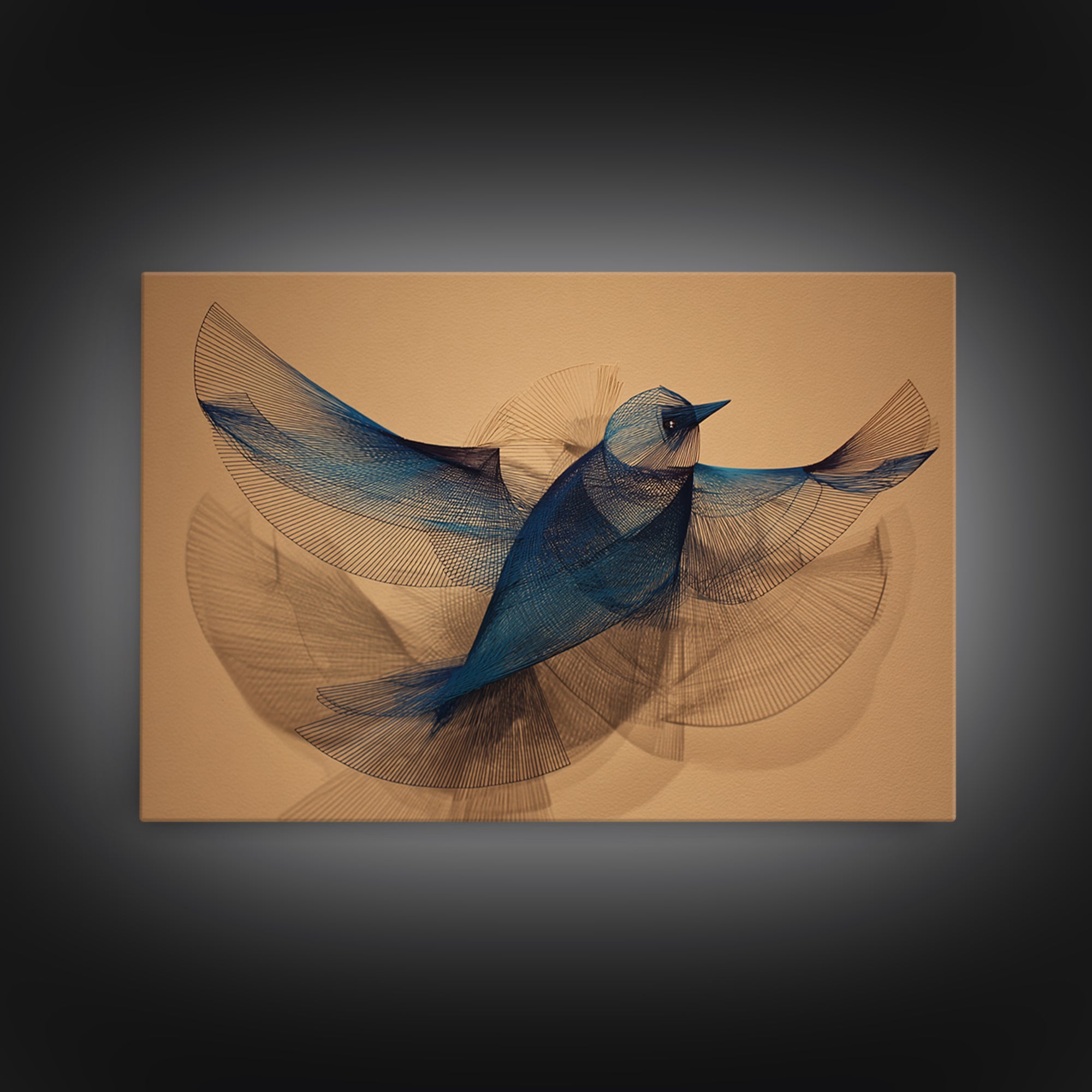 Blue Wire Bird Wall Art, Kinetic Sculpture Inspired Print, Midcentury Modern Abstract Animal Art, Minimalist Tan Home Decor