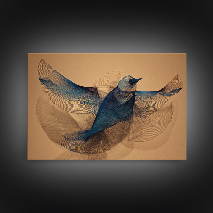 Blue Wire Bird Wall Art, Kinetic Sculpture Inspired Print, Midcentury Modern Abstract Animal Art, Minimalist Tan Home Decor