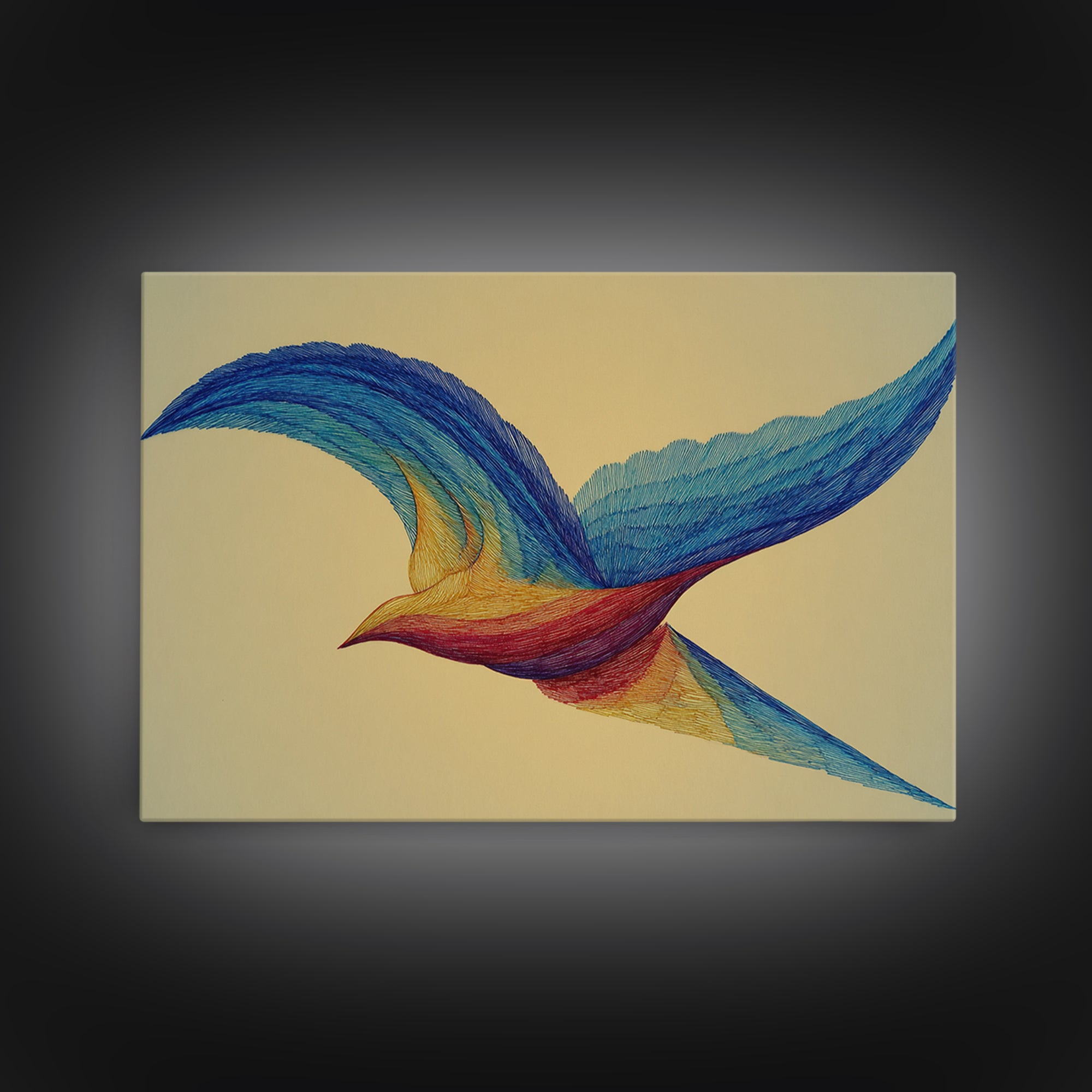 Rainbow Wire Bird Canvas Print, Flowing Kinetic Sculpture Art, Midcentury Modern Abstract Wall Art, Bright Colorful Home Decor