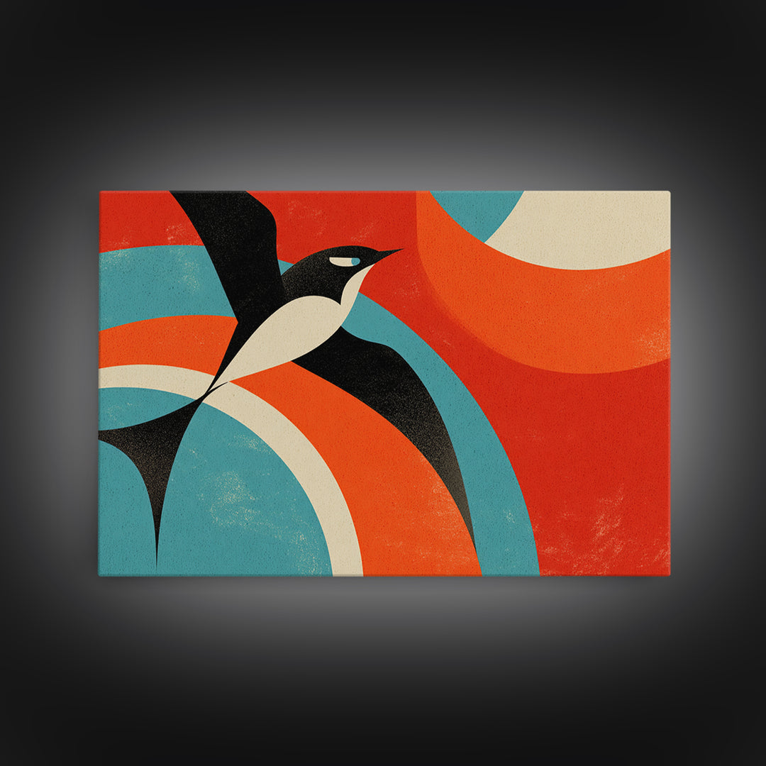 Modern Penguin Bird With Red Sun Canvas Print, Mid Century Modern Wall Decor, Retro Geometric Poster, Colorful Nursery Art