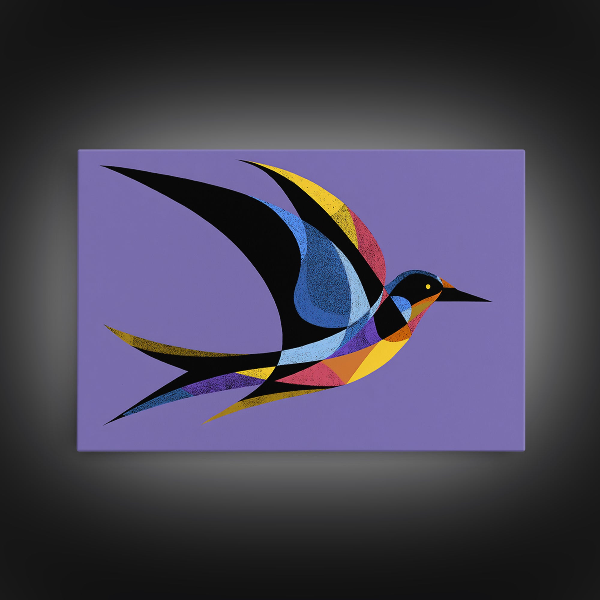 Colorful Swallow Bird On Purple Framed Canvas Print, Mid Century Modern Wall Art, Retro Atomic Decor, Geometric Art Print