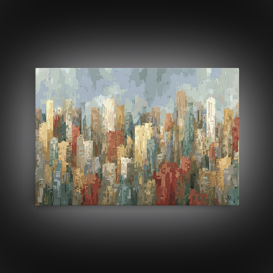 Rainy Impressionist City Skyline Framed Canvas Print, Modern Wall Art, Urban Landscape Decor, Office Poster, Soft Abstract Art