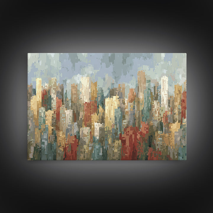 Rainy Impressionist City Skyline Framed Canvas Print, Modern Wall Art, Urban Landscape Decor, Office Poster, Soft Abstract Art
