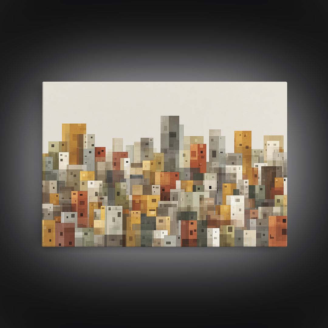 Whimsical Cubist City Blocks Canvas Print, Mid Century Modern Wall Art, Geometric Buildings Decor, Kids Room Cityscape Poster