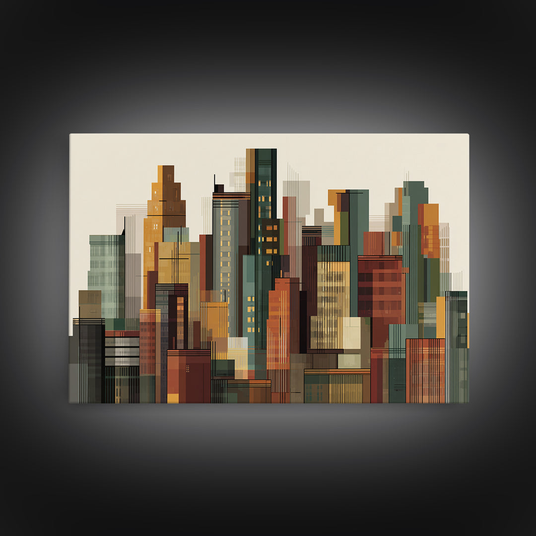 Architectural City Skyline Wall Art, Mid Century Modern Urban Decor, Geometric Building Print, MCM Office Poster, Warm Neutral