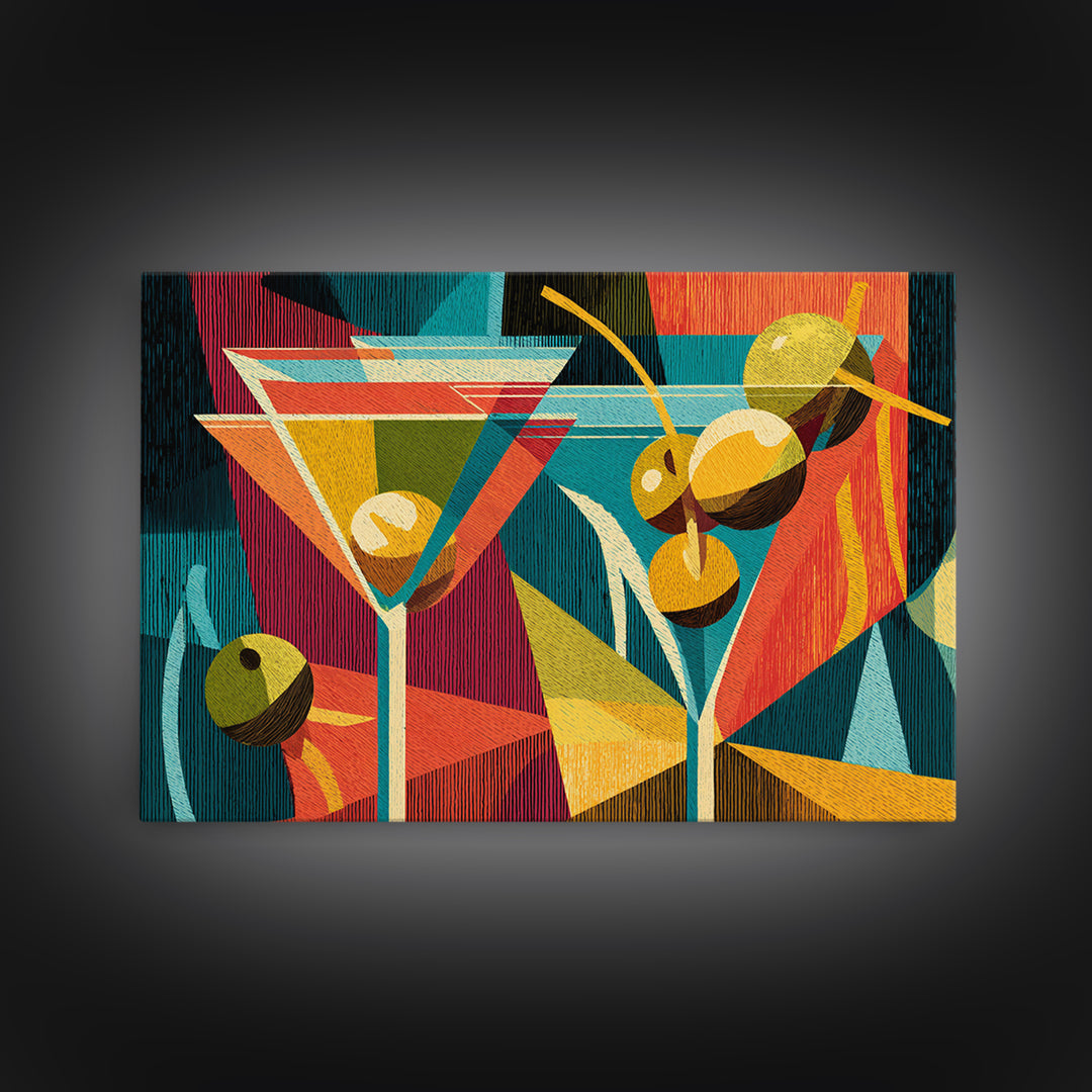 Retro Martini With Olives Canvas Print, Mid Century Modern Bar Cart Wall Art, Cocktail Decor, Colorful Geometric Kitchen Poster