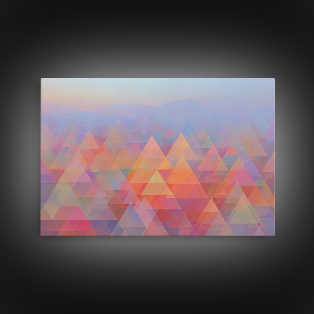 Pastel Triangle Mountain Landscape Wall Art, Geometric Abstract Art, Midcentury Modern Living Room Decor, Colorful Canvas Print