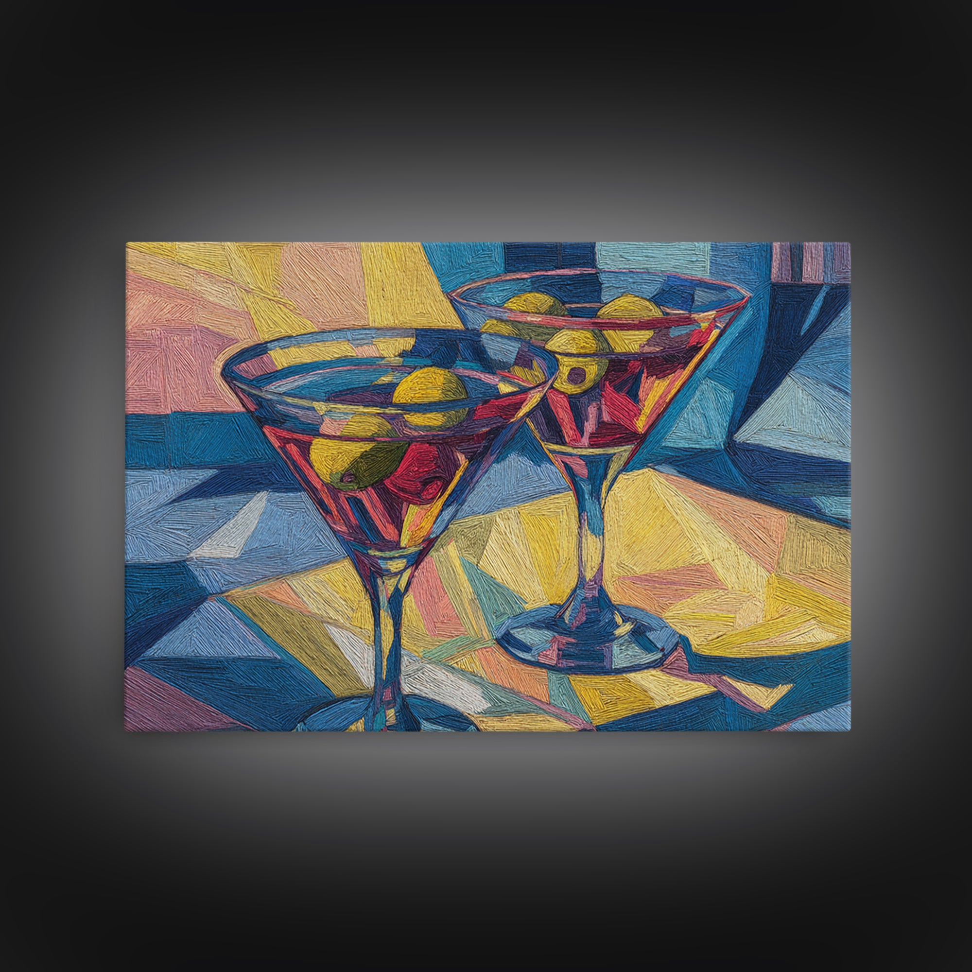 Cubist Martini Glasses With Olives Framed Canvas Print, Retro Cocktail Wall Art, Mid Century Modern Bar Cart Kitchen Decor