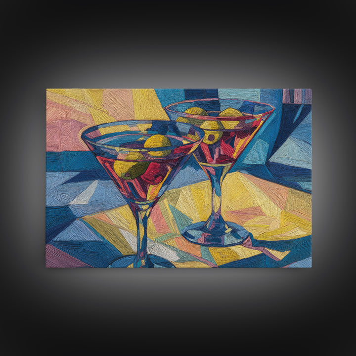 Cubist Martini Glasses With Olives Framed Canvas Print, Retro Cocktail Wall Art, Mid Century Modern Bar Cart Kitchen Decor