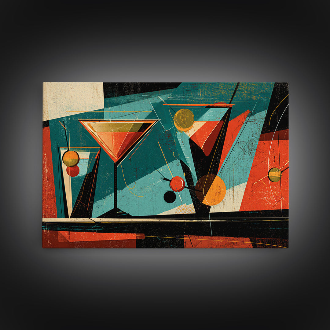 Teal Martini Glasses Abstract, Midcentury Modern Wall Art, Retro Cocktail Bar Poster, Colorful Geometric MCM Decor Print Gift