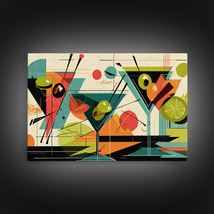 Olive Martini Glasses With Lime, Midcentury Modern Wall Art, Retro Cocktail Print, Atomic Bar Decor, Colorful MCM Poster