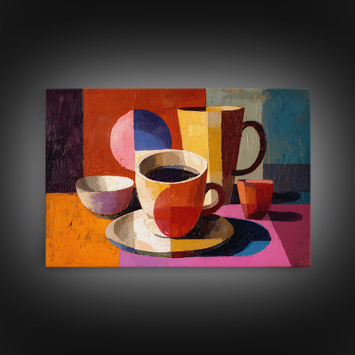 Cubist Coffee Cups Still Life, Framed Canvas Print, Midcentury Kitchen Art, Retro Coffee Poster, Colorful Home Decor Print