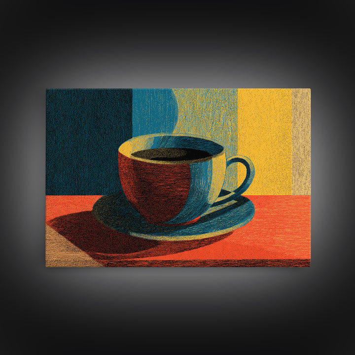 Sunlit Coffee Cup Still Life, Canvas Print, Midcentury Modern Art, Retro Kitchen Poster, Warm Orange Blue Wall Decor Print