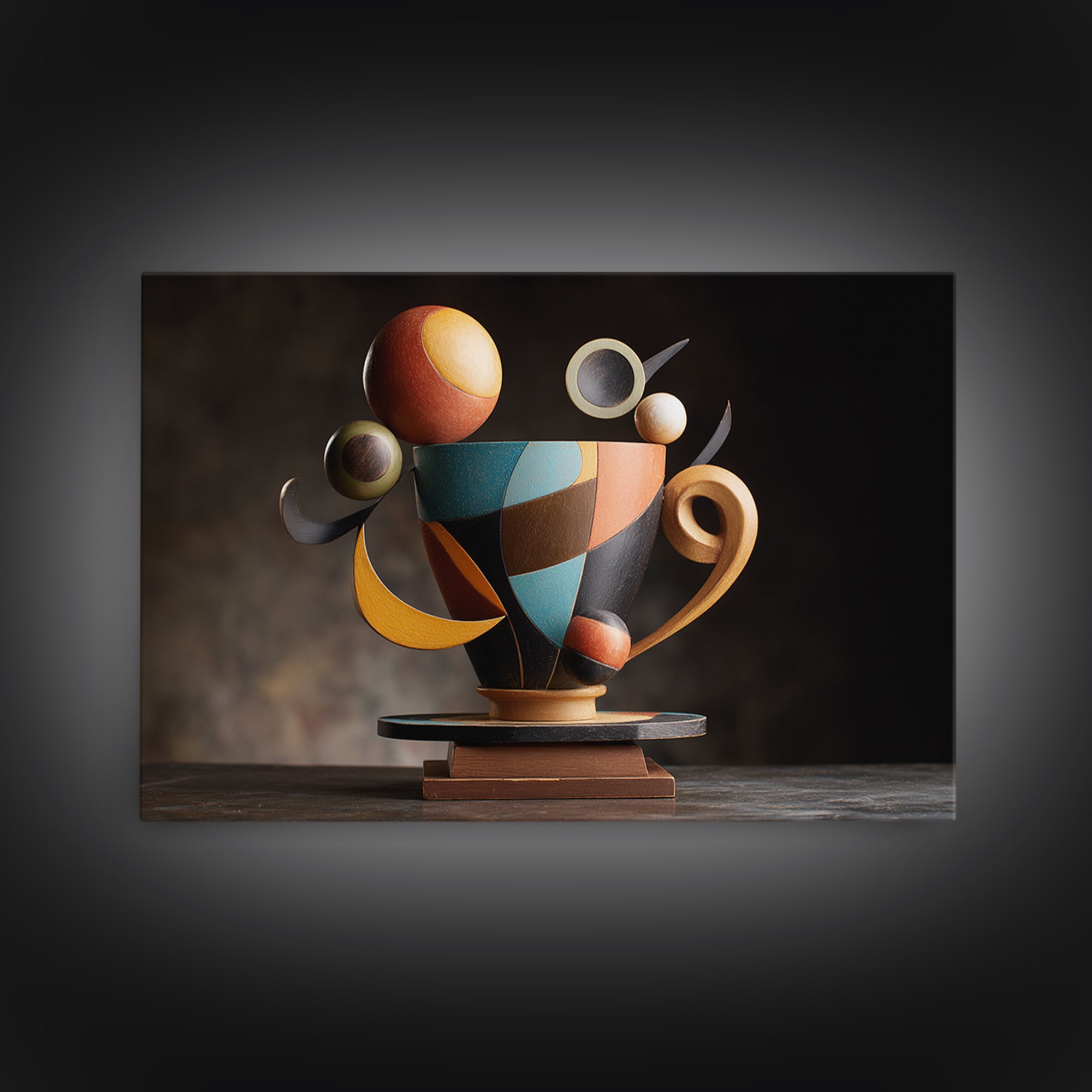 Geometric Sculptural Teacup Still Life, Framed Canvas Print, Midcentury Modern Artwork, Abstract Coffee Decor Statement Piece