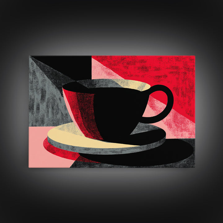 Black Coffee Cup On Pink Red Abstract, Wall Art, Modern Kitchen Poster, Retro Cafe Print, Bold Geometric Home Decor Gift