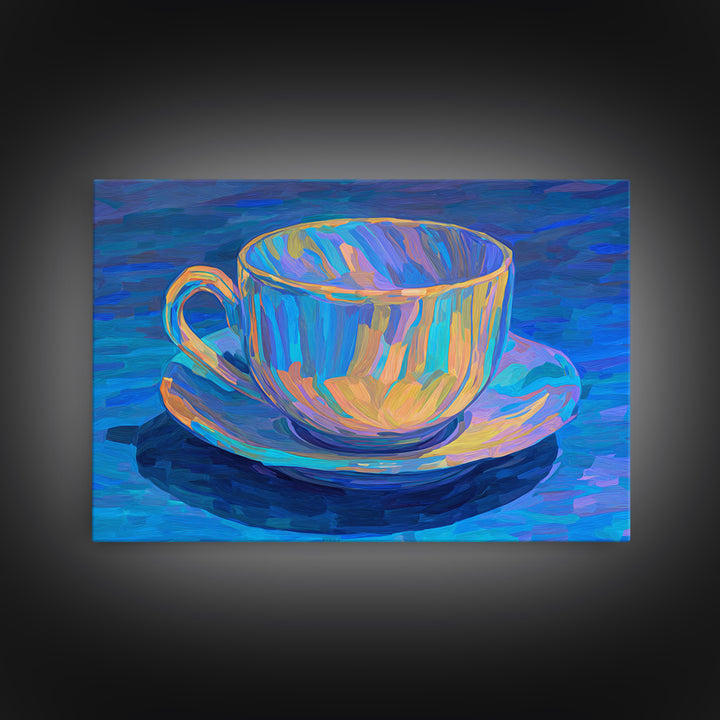 Iridescent Blue Teacup Still Life, Canvas Print, Colorful Modern Art Print, Painterly Cafe Decor, Vibrant Kitchen Wall Art