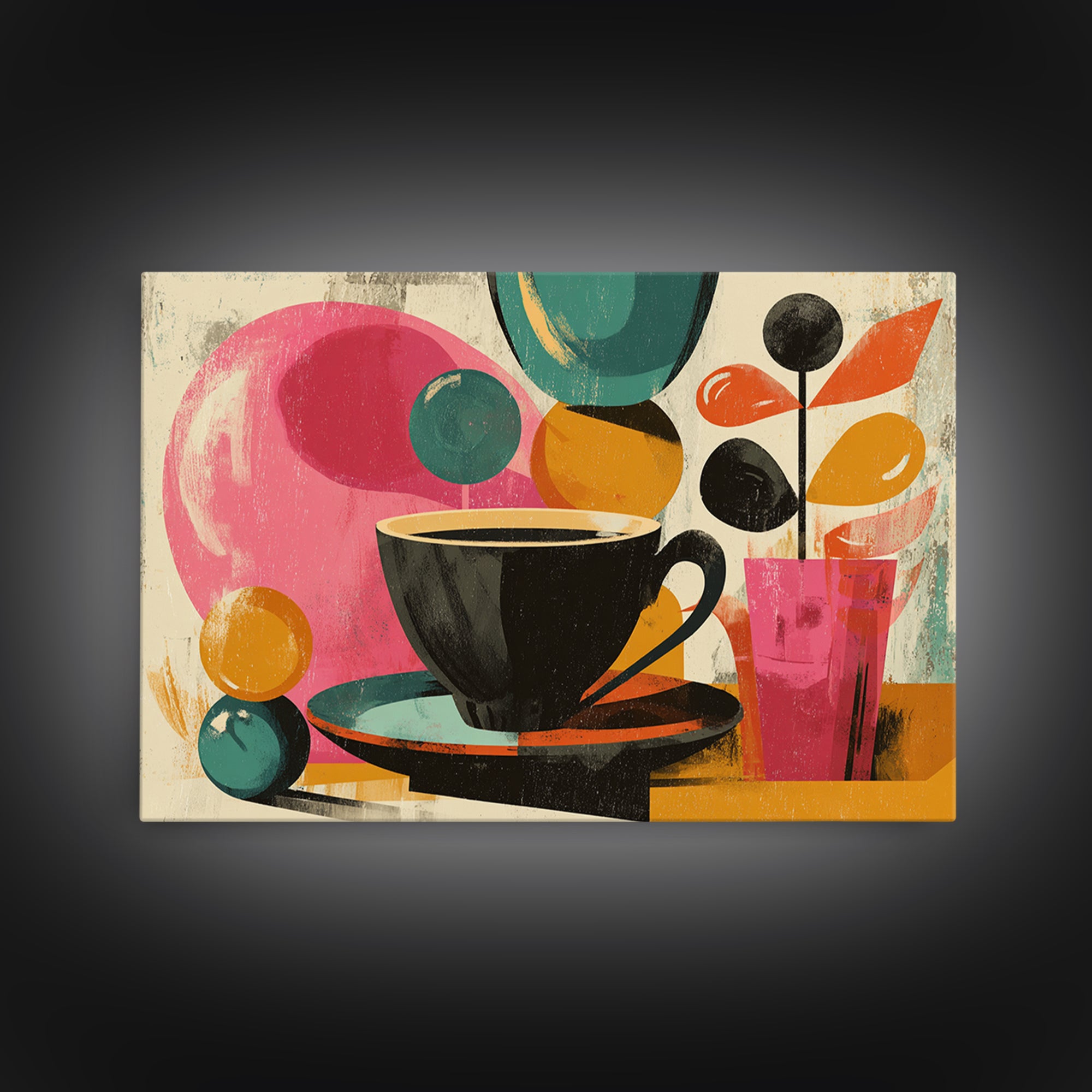 Black Coffee Cup With Pink Circles, Midcentury Modern Wall Art, Retro Cafe Poster, Abstract Botanical Shapes Home Decor Print