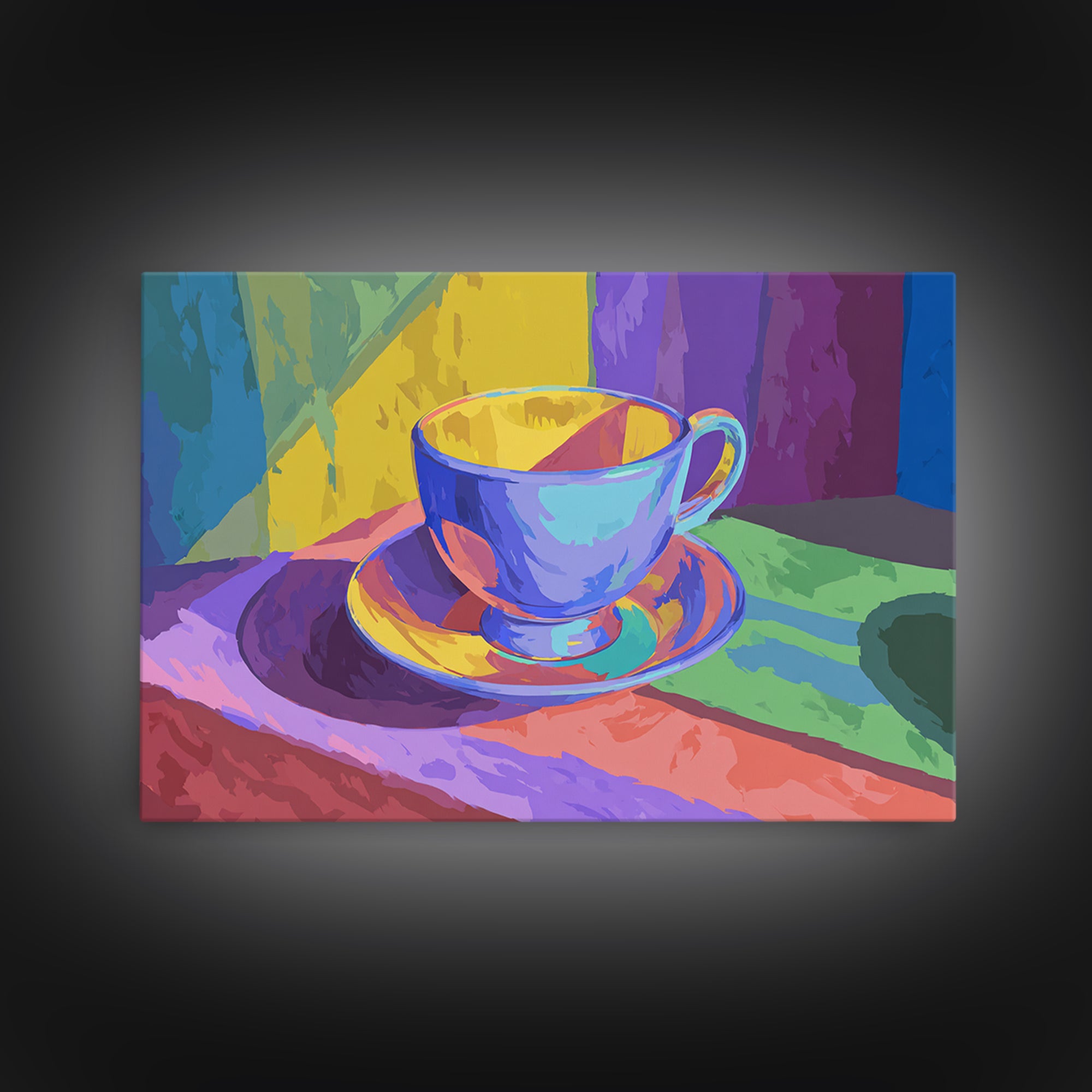 Rainbow Blue Teacup Still Life, Framed Canvas Print, Colorful Modern Wall Art, Retro Kitchen Poster, Bright Home Decor Gift