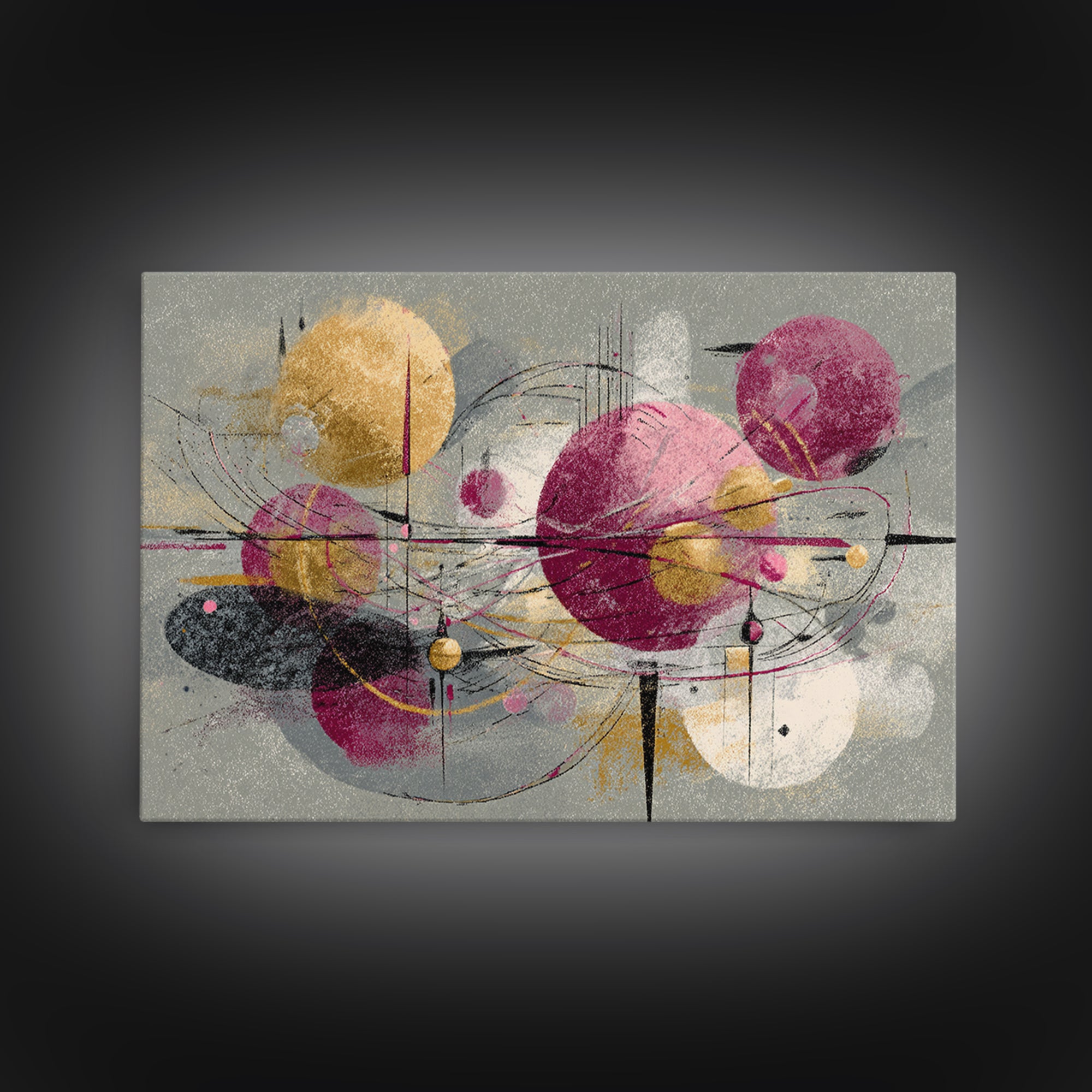 Magenta Gold Atomic Orbits Abstract Wall Art, Midcentury Modern Art Print, Retro Geometric Decor, Bold MCM Wall Decor Prints