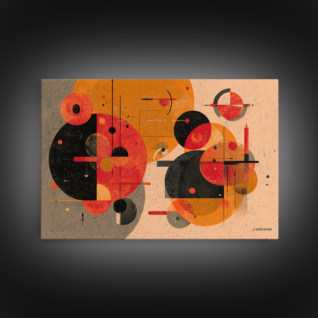 Orange Black Geometric Circles Canvas Print, Midcentury Modern Art, Atomic Retro Poster, Abstract Wall Decor For Living Room