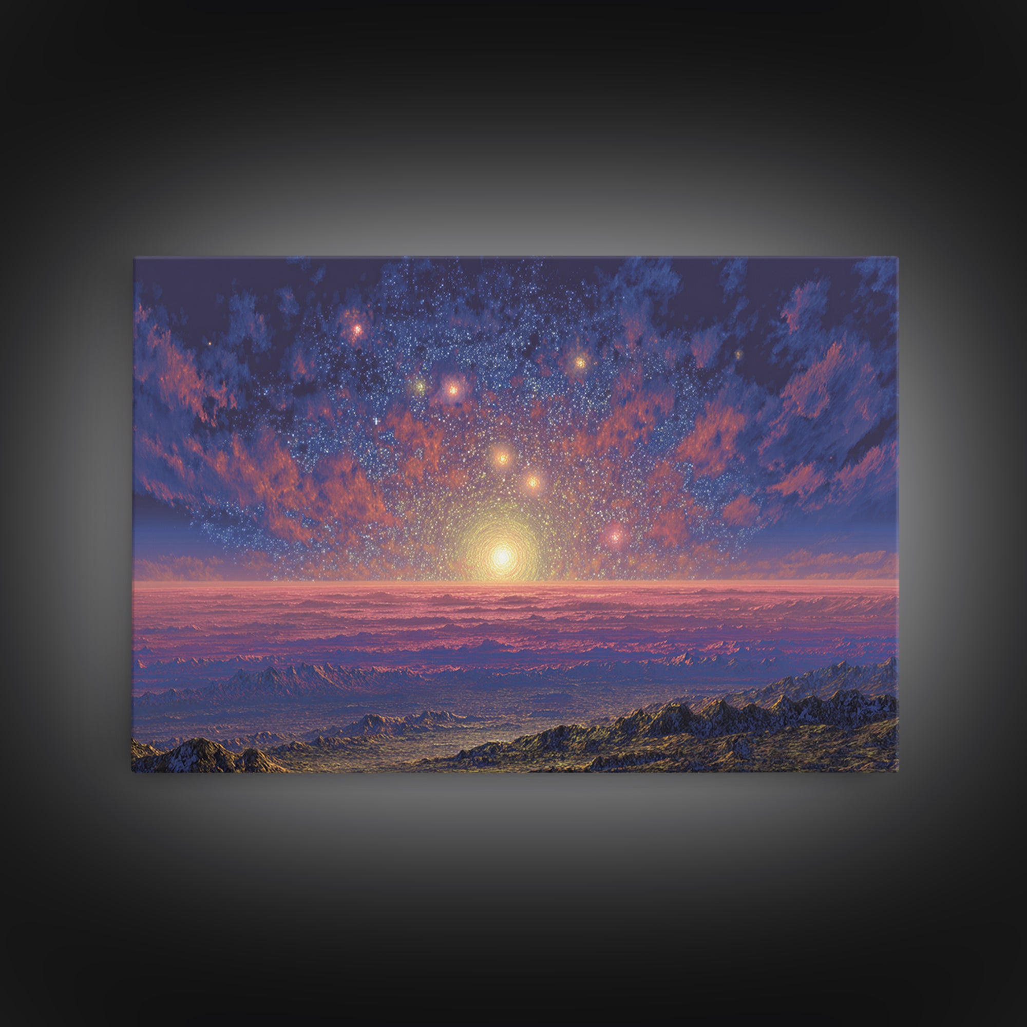 Starry Mountain Sunrise Canvas Print, Scenic Space Abstract Art, Blue Pink Landscape Wall Decor, Modern Home Art Poster Gift