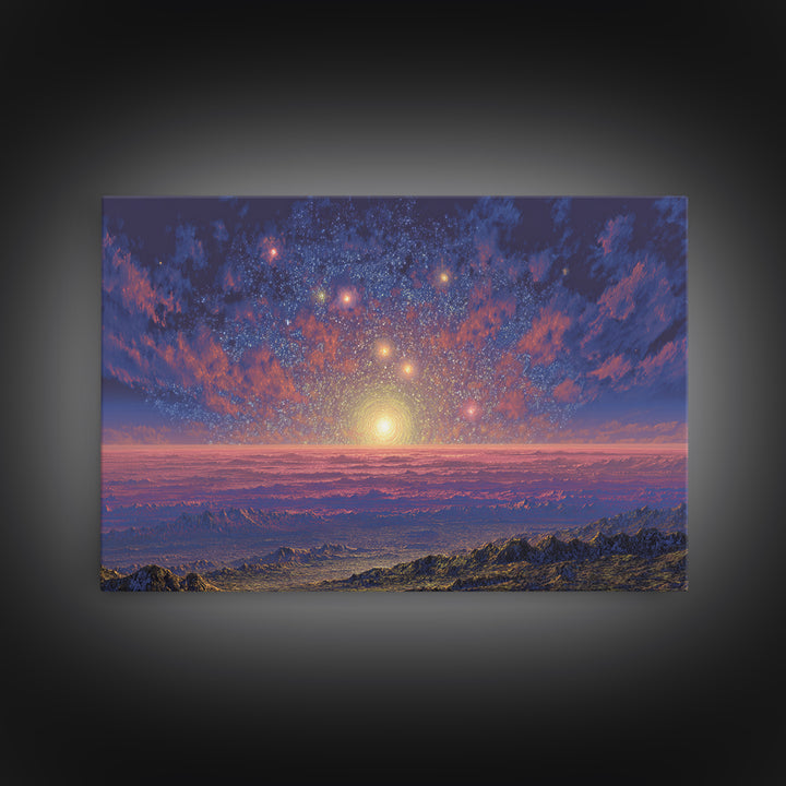 Starry Mountain Sunrise Canvas Print, Scenic Space Abstract Art, Blue Pink Landscape Wall Decor, Modern Home Art Poster Gift