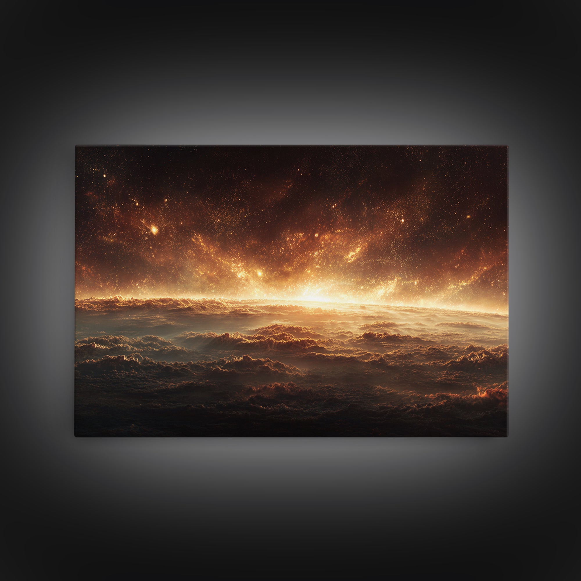 Golden Cosmic Horizon Framed Canvas Print, Space Abstract Art, Starry Cloudscape Wall Decor, Modern Wall Art For Bedroom