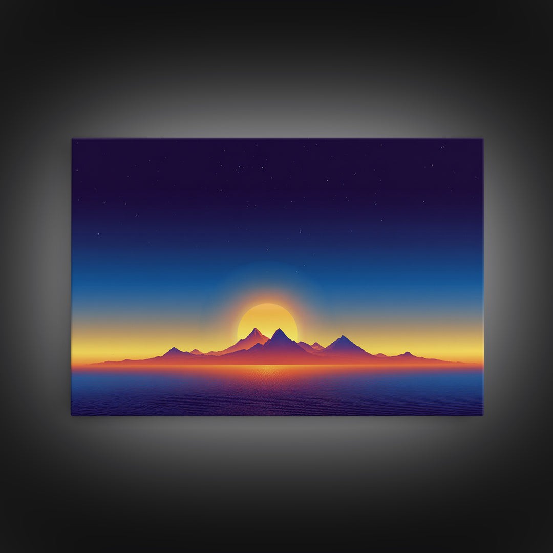 Minimal Island Sunrise Canvas Print, Retro Sunset Poster, Blue Yellow Ocean Landscape Wall Decor, Modern Home Art Gift Print