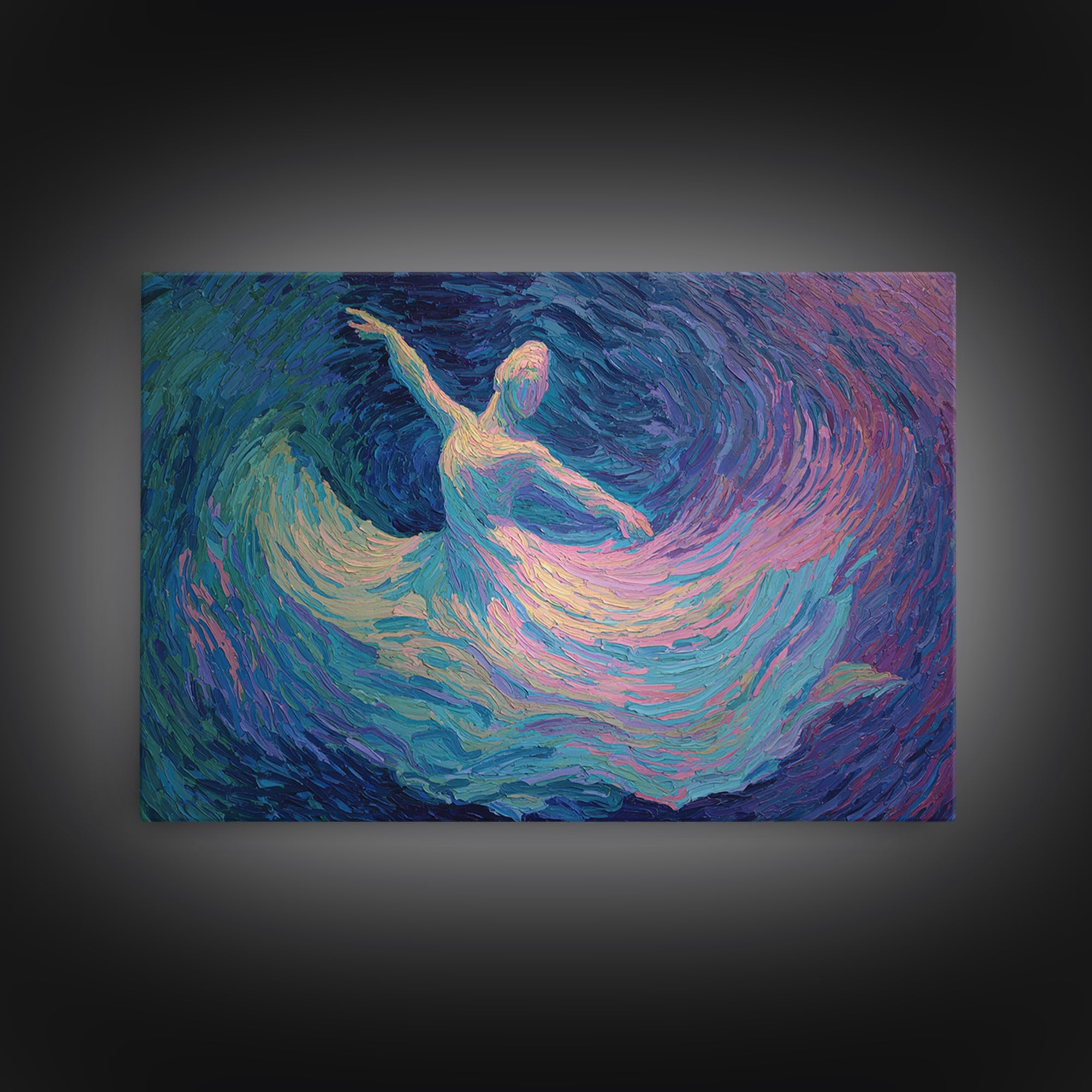 Swirling Ballerina Dancer Framed Canvas Print, Blue Purple Impressionist Wall Art, Romantic Fine Art For Bedroom Decor Gift