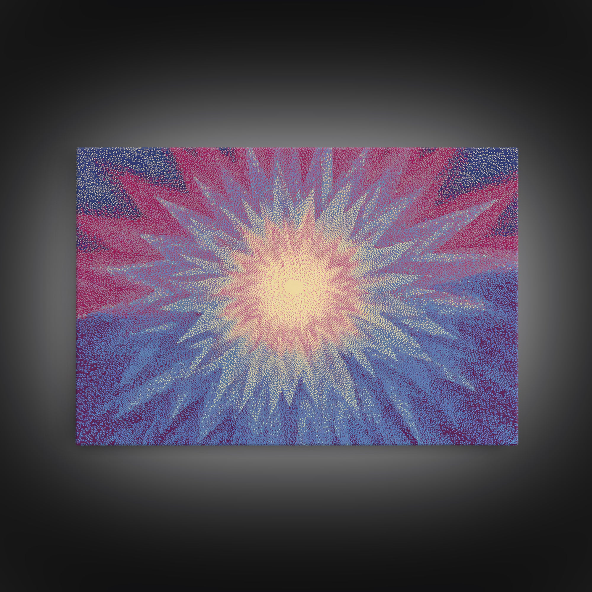 Pink And Blue Radiant Starburst Wall Art, Midcentury Modern Abstract Sun Print, Psychedelic Pointillism Decor Poster For Bedroom