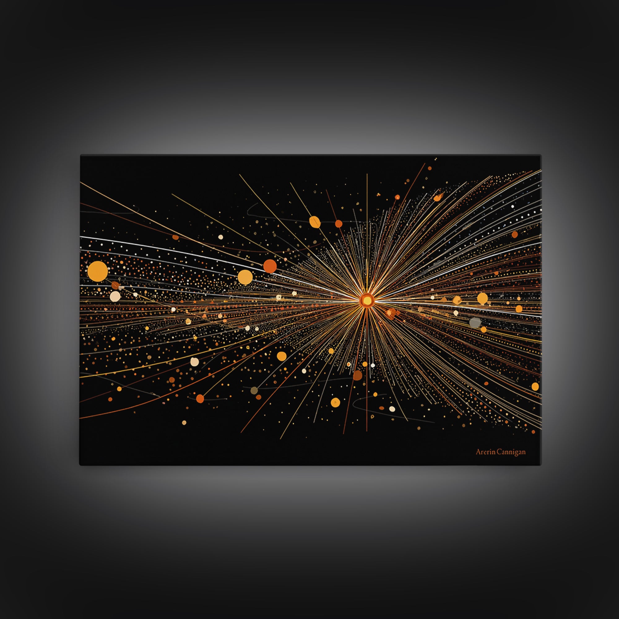 Golden Starburst Lines And Dots Canvas Print, Modern Abstract Art, Atomic Retro Wall Art Decor For Living Room Home Office