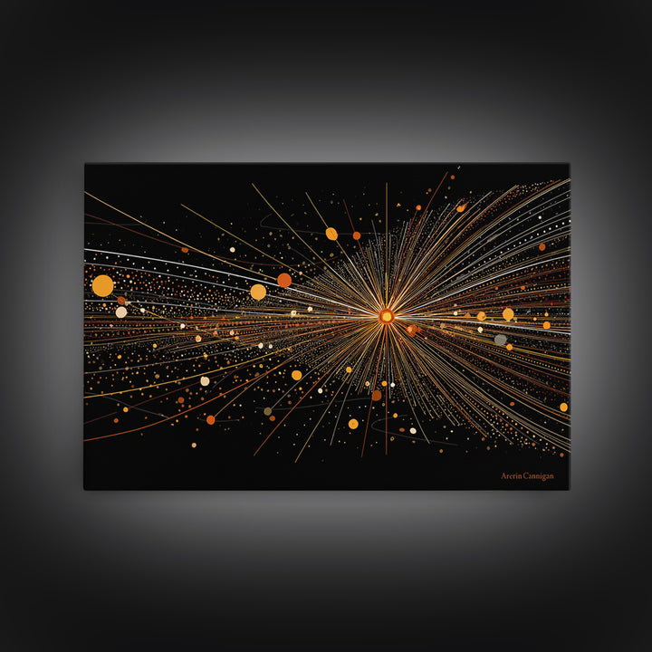 Golden Starburst Lines And Dots Canvas Print, Modern Abstract Art, Atomic Retro Wall Art Decor For Living Room Home Office
