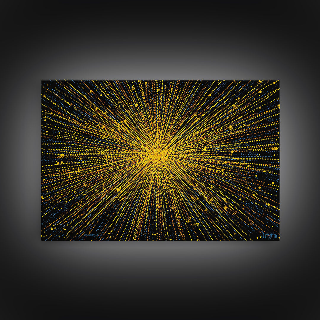 Radiant Yellow Dotted Starburst Canvas Print, Modern Abstract Art, Cosmic Retro Wall Art, Bold Geometric Decor For Home Office