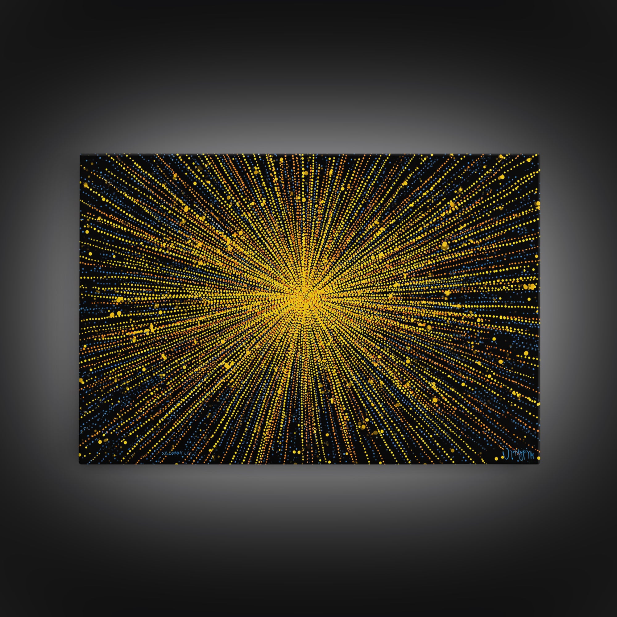Radiant Yellow Dotted Starburst Canvas Print, Modern Abstract Art, Cosmic Retro Wall Art, Bold Geometric Decor For Home Office