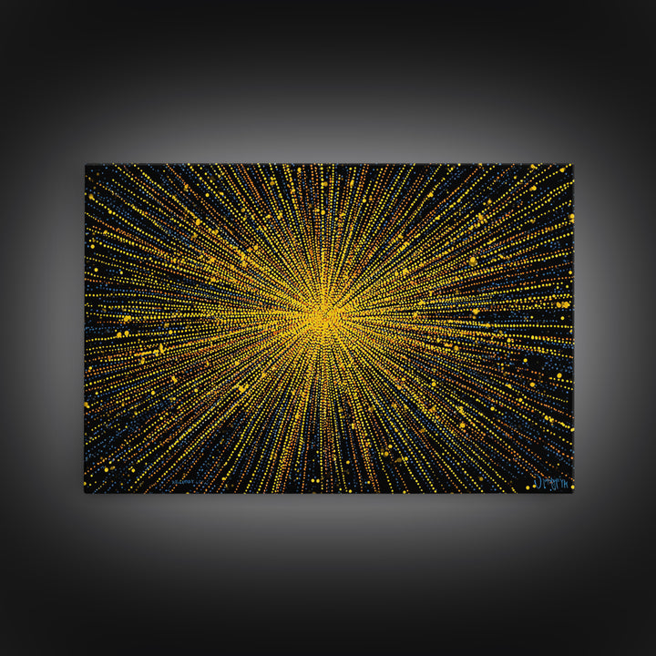 Radiant Yellow Dotted Starburst Canvas Print, Modern Abstract Art, Cosmic Retro Wall Art, Bold Geometric Decor For Home Office